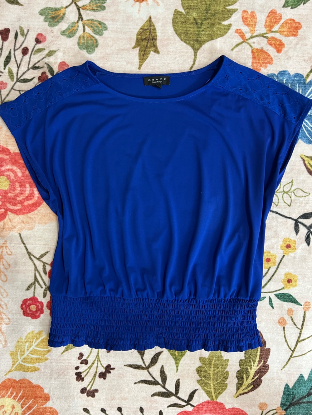 Grace Royal Blue Short Sleeve Blouse with Smocked Hem